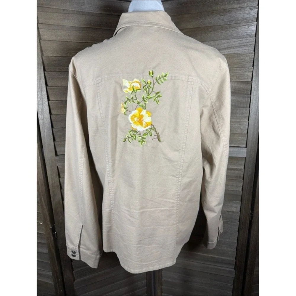 Foxcroft Stretch Tan Khaki Floral‎ Embroidered Button Front Jacket Womens XL